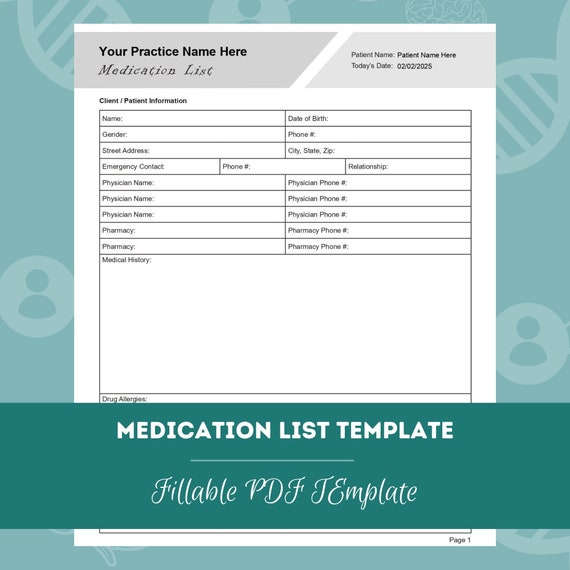 Medication List Template Editable / Fillable PDF Template - Etsy