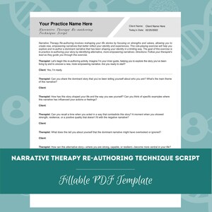 May include: A printable PDF template for narrative therapy re-authoring technique script. The template includes a title, client name, date, and a series of questions for the therapist and client to discuss.
