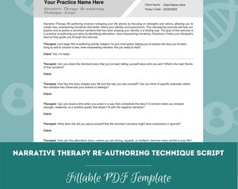Könnte beinhalten: Eine druckbare PDF-Vorlage für ein Skript zur narrativen Therapie-Re-Authoring-Technik. Die Vorlage enthält einen Titel, den Namen des Klienten, das Datum und eine Reihe von Fragen, die der Therapeut und der Klient besprechen können.