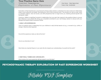 Könnte beinhalten: Ein druckbares Arbeitsblatt für die psychodynamische Therapie mit dem Titel "Exploration of Past Experiences Worksheet". Das Arbeitsblatt soll Klienten dabei helfen zu verstehen, wie frühe Lebenserfahrungen ihre aktuellen Verhaltensweisen und Überzeugungen prägen. Das Arbeitsblatt enthält Fragen zu Ereignissen aus der frühen Kindheit, emotionalen Themen und grundlegenden Überzeugungen.