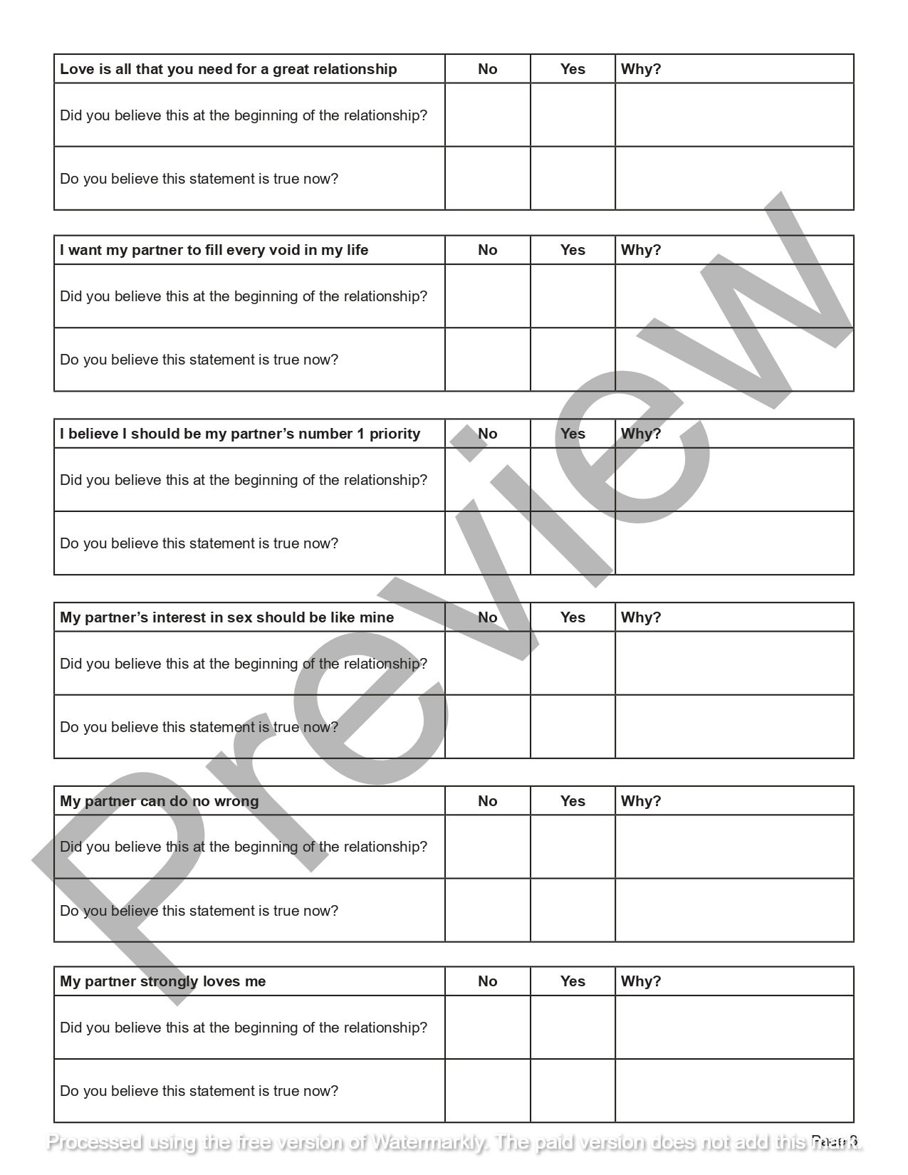 Relationship Expectations Worksheet Editable / Fillable PDF Template