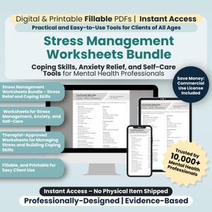 Stress Management Worksheets Bundle, 16 Fillable/Printable PDF Templates, Stress Relief, Anxiety Worksheets, Coping Skills, Self Care