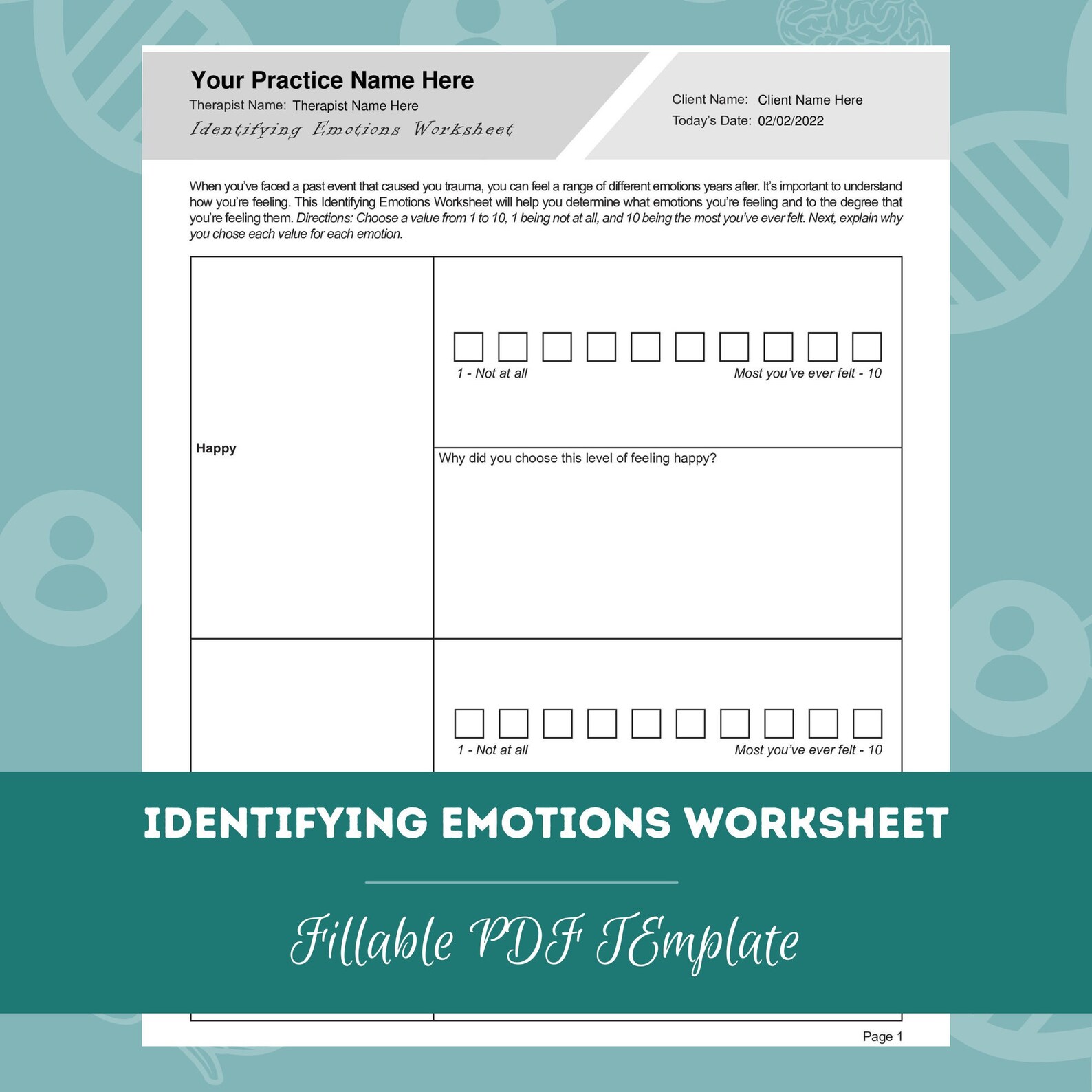 Identifying Emotions Worksheet Editable Fillable PDF For Etsy