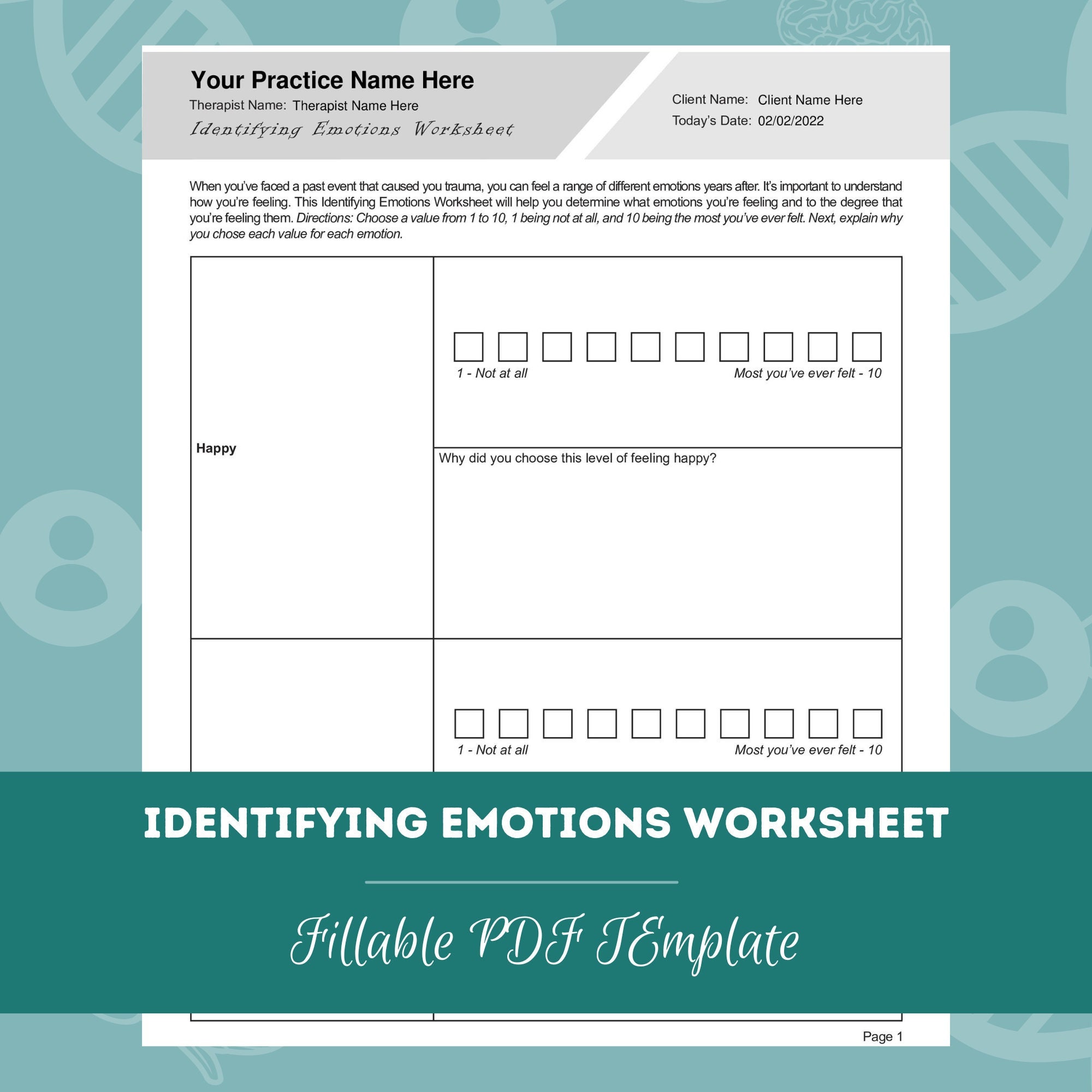 Identifying Emotions Worksheet Editable Fillable PDF For Counselors
