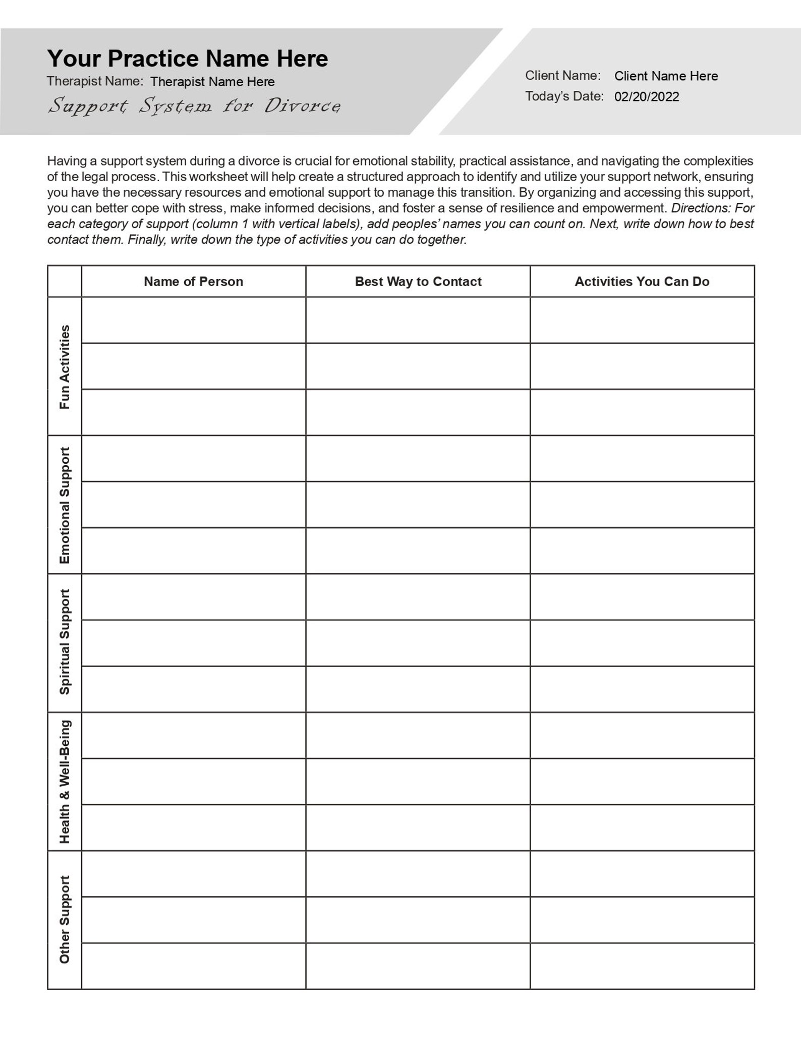 Support System for Divorce Worksheet | Editable / Printable / Fillable ...
