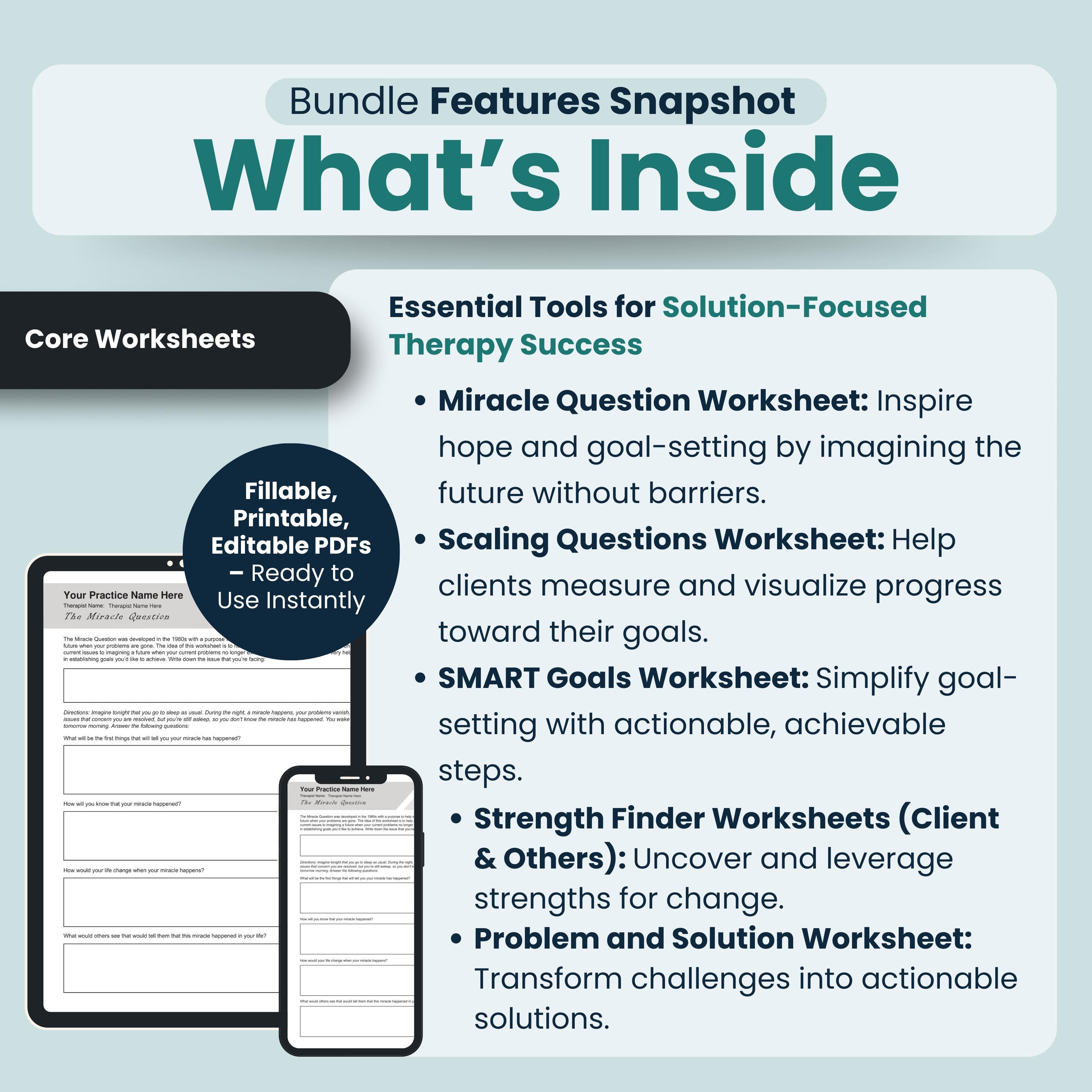 Solution Focused Therapy Worksheets Bundle, 20 Fillable/printable PDF ...