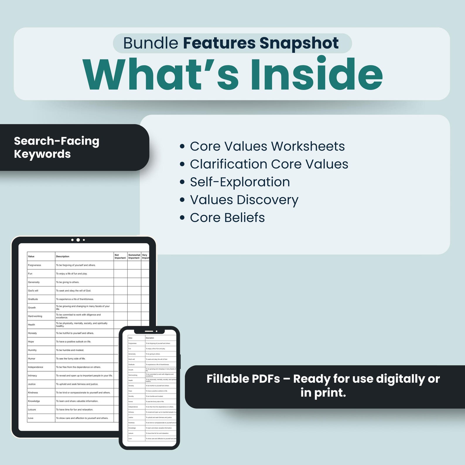 Identifying Core Values Worksheets, Fillable PDF Template, Self ...