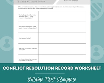 Conflict Resolution Record Worksheet | Editable / Fillable PDF Template | For Counselors, Psychologists, Social Workers, Therapists