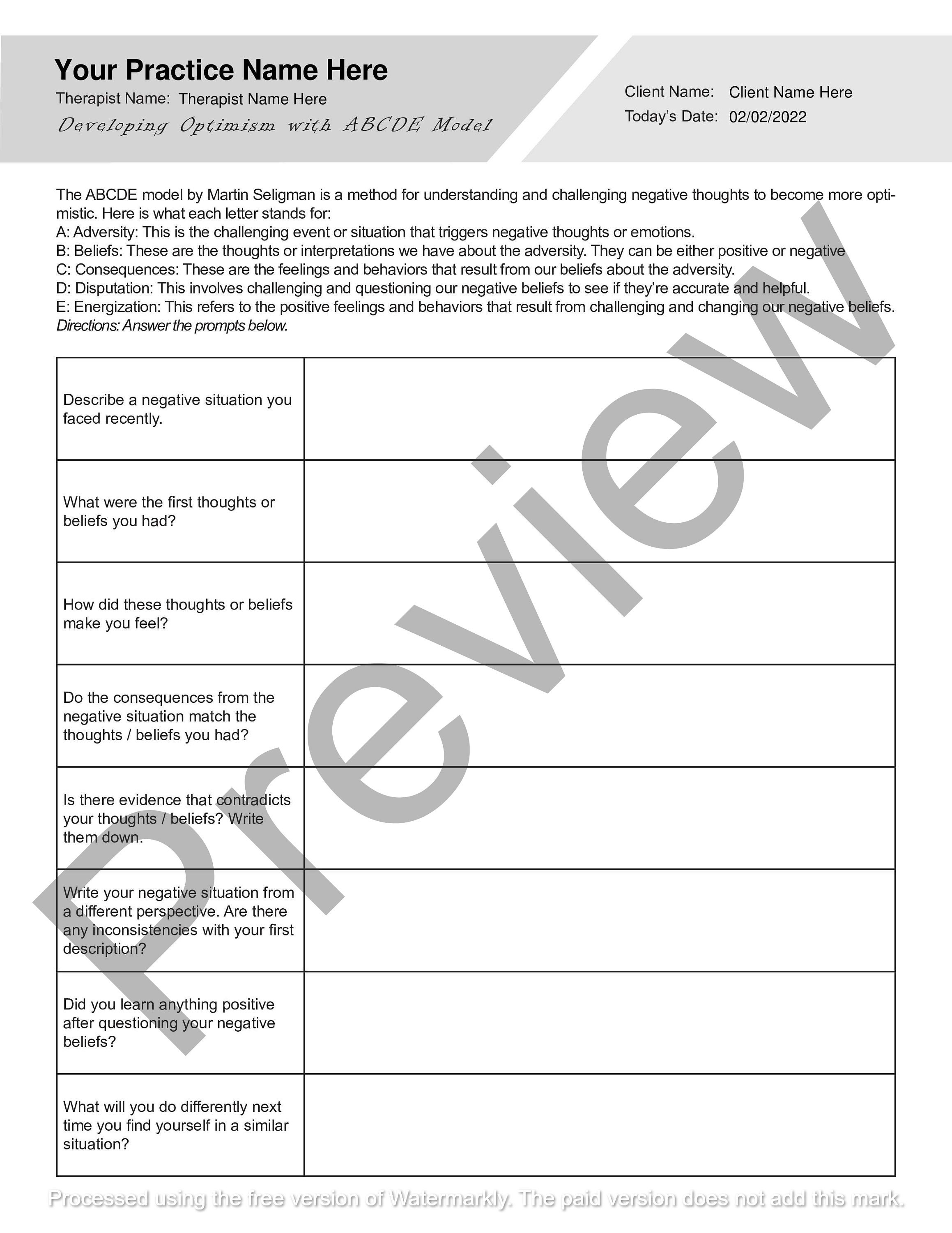 Acbde Model.pdf ABCDE Model for Improving Optimism | Editable / Fillable PDF Template ...