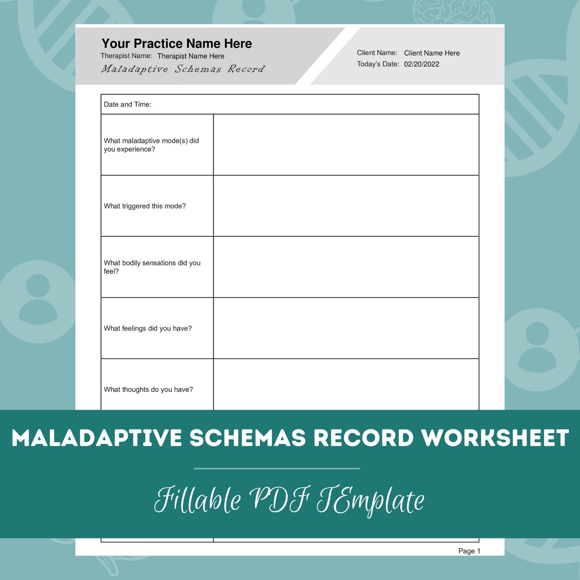 Maladaptive Schemas Record Worksheet Editable / Fillable PDF Etsy
