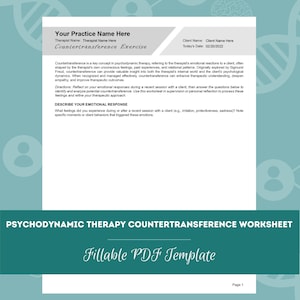 May include: A printable worksheet for therapists to help them understand and manage their countertransference in psychodynamic therapy. The worksheet includes a title, instructions, and a section to describe emotional responses.