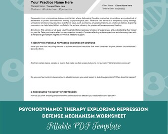 May include: A printable worksheet for a therapist to use with clients to explore the defense mechanism of repression. The worksheet is titled "Psychodynamic Therapy Exploring Repression Defense Mechanism Worksheet" and includes questions to help clients identify possible repressed memories or emotions and recognize the impact of repression on their lives.