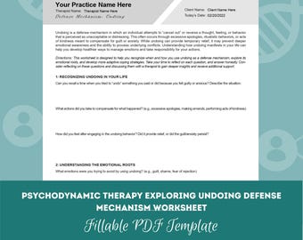 May include: A printable worksheet for therapists and clients to explore the defense mechanism of undoing. The worksheet includes questions about recognizing undoing in daily life and understanding the emotional roots of undoing.