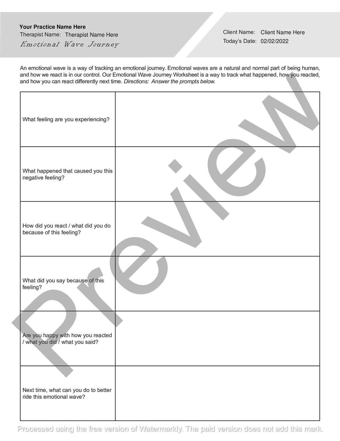 Emotional Wave Journey Worksheet Fillable / Printable PDF