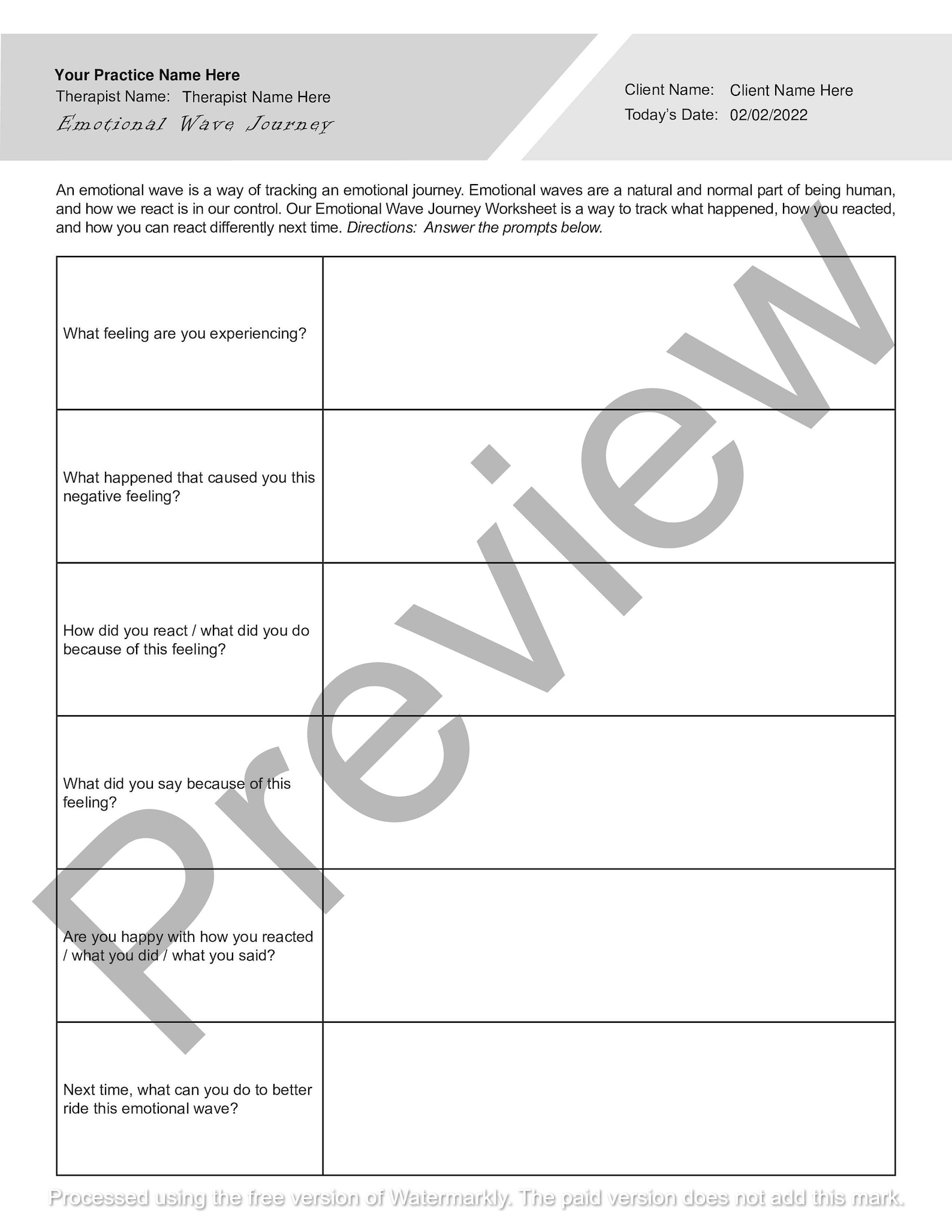 Emotional Wave Journey Worksheet Fillable / Printable PDF