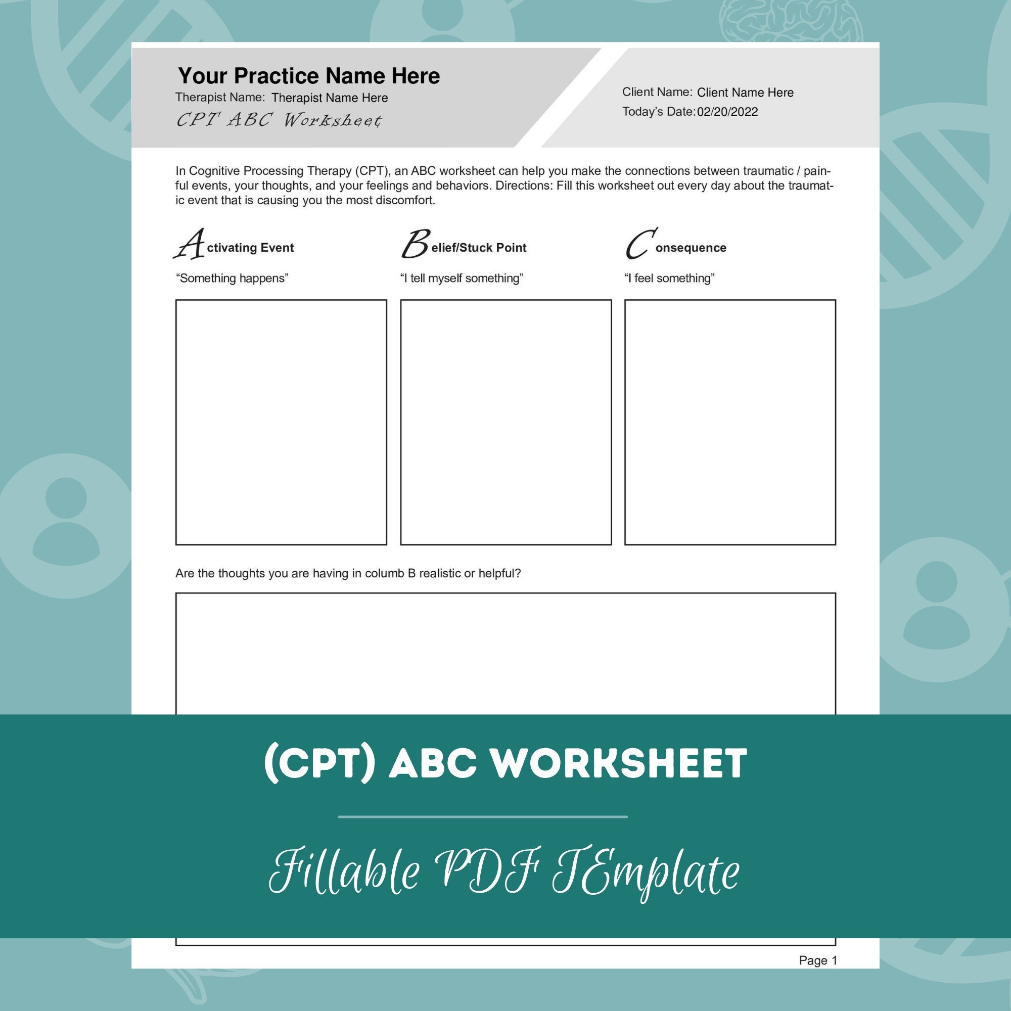 Cognitive Processing Therapy CPT ABC Worksheet Editable / - Etsy