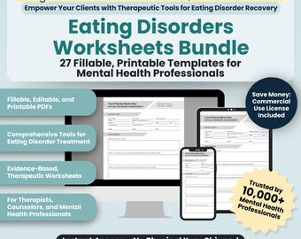 Pacote de planilhas sobre transtornos alimentares, 27 modelos PDF preenchíveis/imprimíveis, recursos para psicólogos, planilhas de terapia, recursos de saúde mental