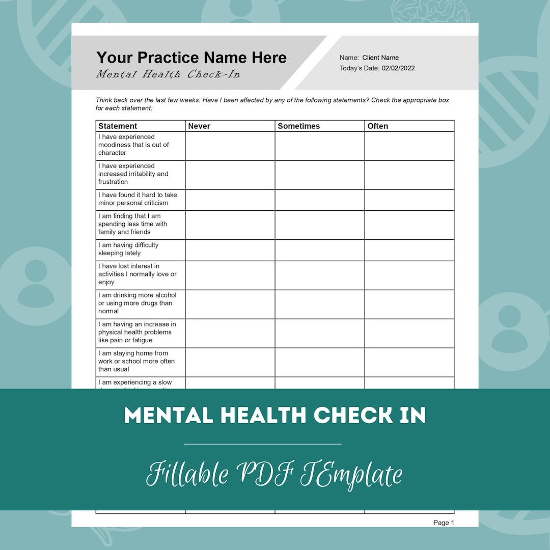 Mental Health Check in Questions Editable / Fillable PDF for Counselors