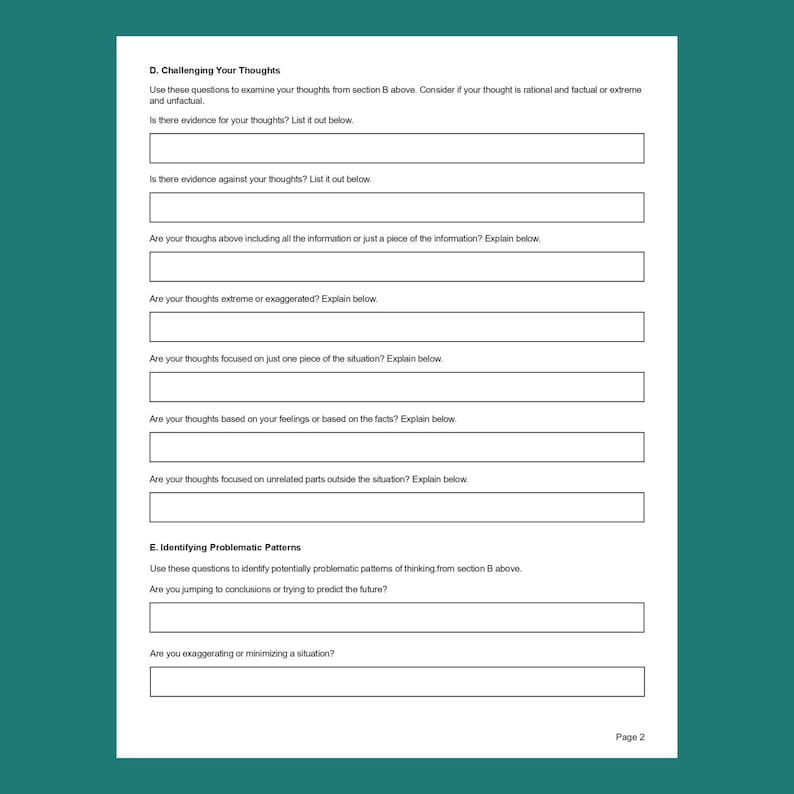 CBT: Challenging Negative Thoughts Worksheet | Editable / Fillable PDF ...
