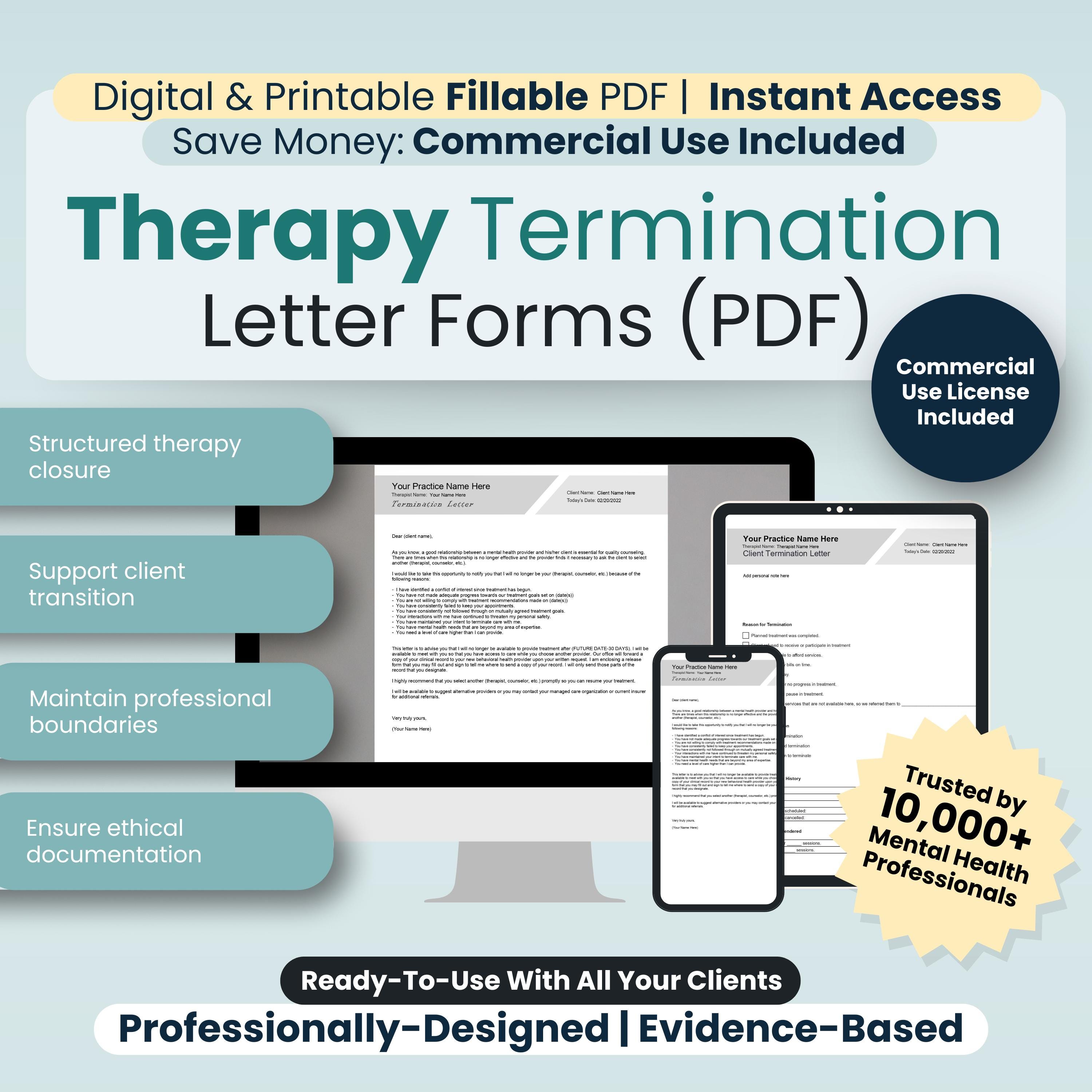 Therapy Termination Letter | Counseling Termination Letter | Client Closing Note | Fillable ...