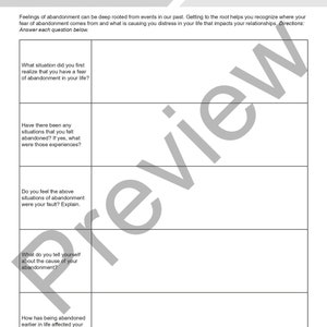 May include: A black and white worksheet titled "Fear of Abandonment Worksheet" with questions about feelings of abandonment. The worksheet is designed to help people understand and address their fear of abandonment.