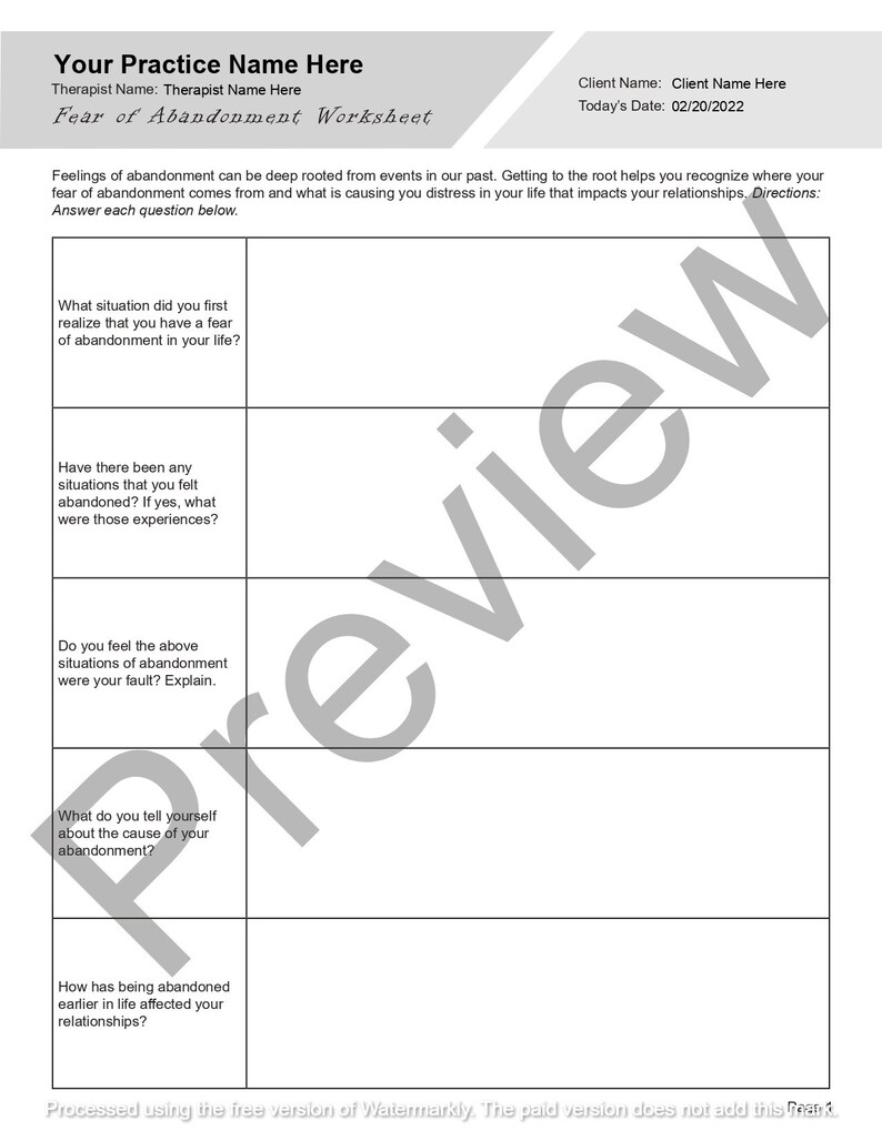 May include: A black and white worksheet titled "Fear of Abandonment Worksheet" with questions about feelings of abandonment. The worksheet is designed to help people understand and address their fear of abandonment.