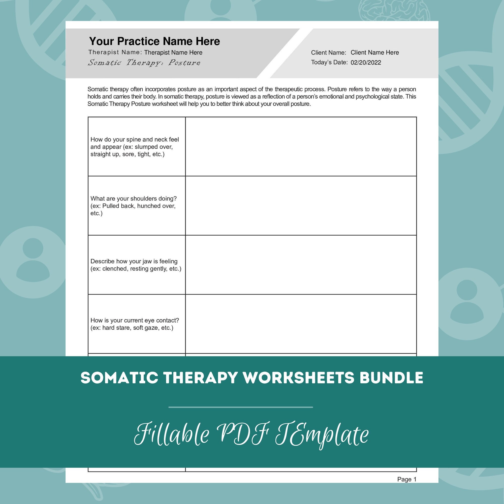 Somatic Therapy Worksheets Bundle Editable / Fillable PDF Template for