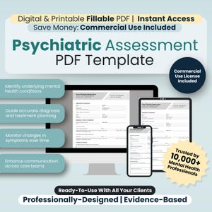 精神科医、看護師、その他のメンタルヘルス専門家向けの精神医学的評価テンプレート | 記入可能/印刷可能なPDF