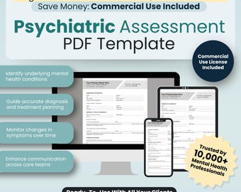 Psychiatric Assessment Template for Psychiatrists, Nurse Practitioners, and other Mental Health Professionals | Fillable / Printable PDF