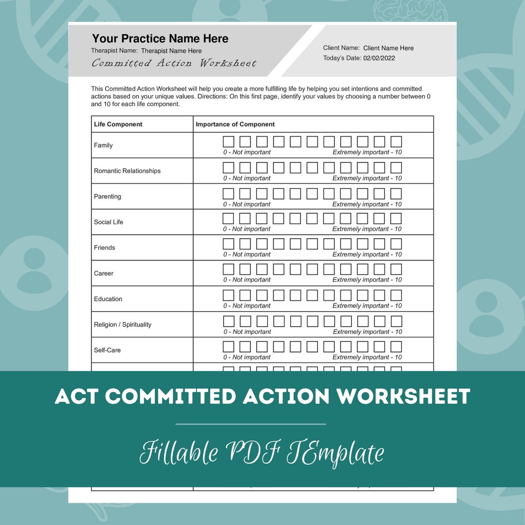 Committed Action Worksheet Example ACT Committed Action Worksheet | Editable / Fillable PDF | for ...
