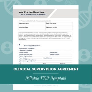 Op de afbeelding: Een invulbaar PDF-sjabloon getiteld Clinical Supervision Agreement voor niet-gelicentieerde professionals in de geestelijke gezondheidszorg. Het document bevat velden voor namen van supervisor en supervisant, datums en gedetailleerde informatiesecties.