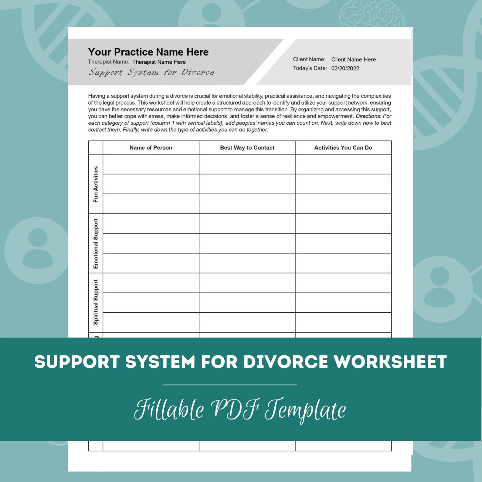 Support System for Divorce Worksheet | Editable / Printable / Fillable ...