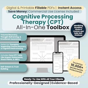 May include: A digital download for Cognitive Processing Therapy (CPT) with a gray and white color scheme. The image shows a computer screen, tablet, and phone displaying the worksheets. The text "Cognitive Processing Therapy (CPT) All-In-One Toolbox" is in a large font at the top of the image. The text "Trusted by 10,000+ Mental Health Professionals" is in a red circle at the bottom right of the image.