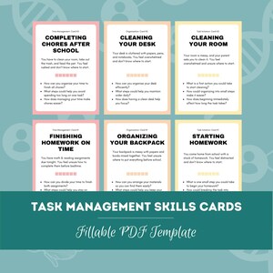 Op de afbeelding: Taakbeheer vaardigheid kaarten met titels als "Klaar met klusjes na school" en "Je bureau schoonmaken". De kaarten hebben een roze en geel kleurenschema met opsommingstekens. Onderaan staat "Fillable PDF Template".