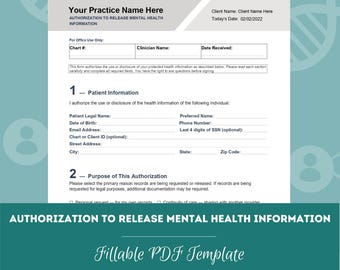 Authorization to Release Health Information Form | HIPAA Mental Health Release Form | Therapy ROI Form |  PDF & Word Doc