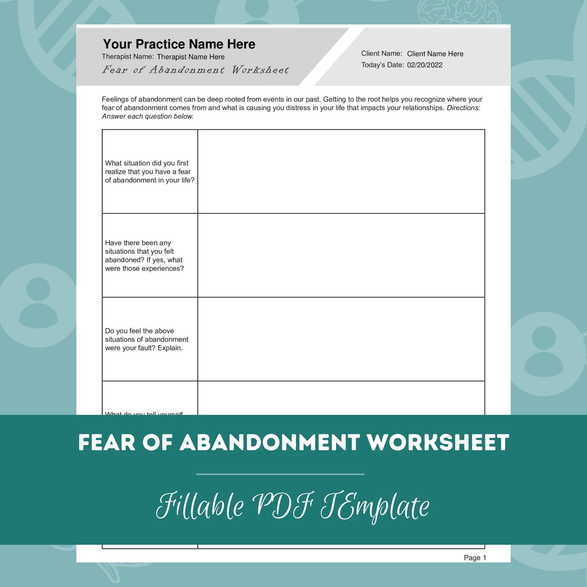 Fear of Abandonment Worksheet Editable / Fillable PDF for Counselors