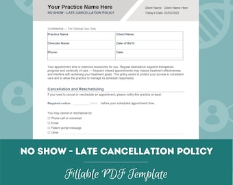 No-Show and Late Cancellation Policy for Mental Health | Therapist Cancellation Policy Template | Private Practice Form (PDF + Word Doc)
