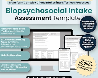 Biopsychosocial Assessment Template, Fillable PDF, Psychotherapist docs, Therapist Assessment, Mental health counseling, Therapy tool