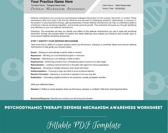 May include: A printable worksheet for a therapist to use with clients to help them identify and understand their defense mechanisms. The worksheet includes a list of common defense mechanisms and prompts for reflection. The worksheet is titled "Psychodynamic Therapy Defense Mechanism Awareness Worksheet".