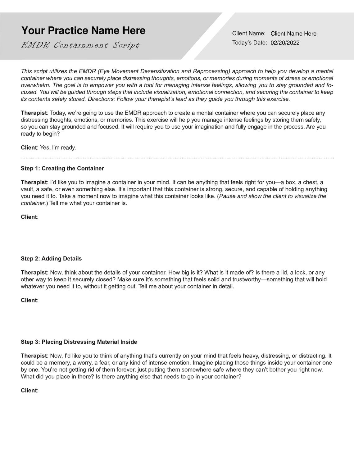 EMDR Containment Script Worksheet | Fillable PDF | Counselors ...