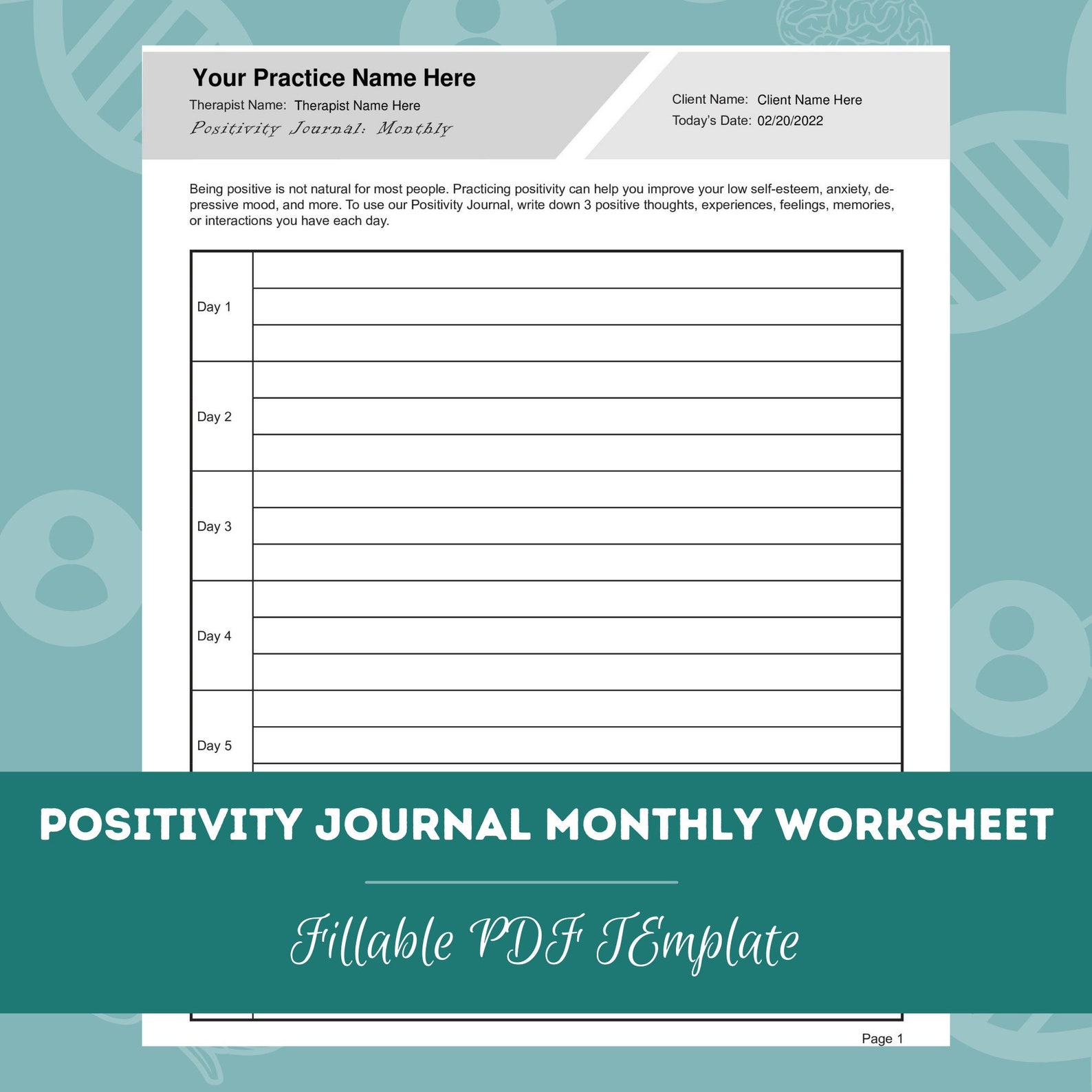 My Positivity Chart.pdf Positivity Journal - Monthly Worksheet | Editable / Fillable PDF ...