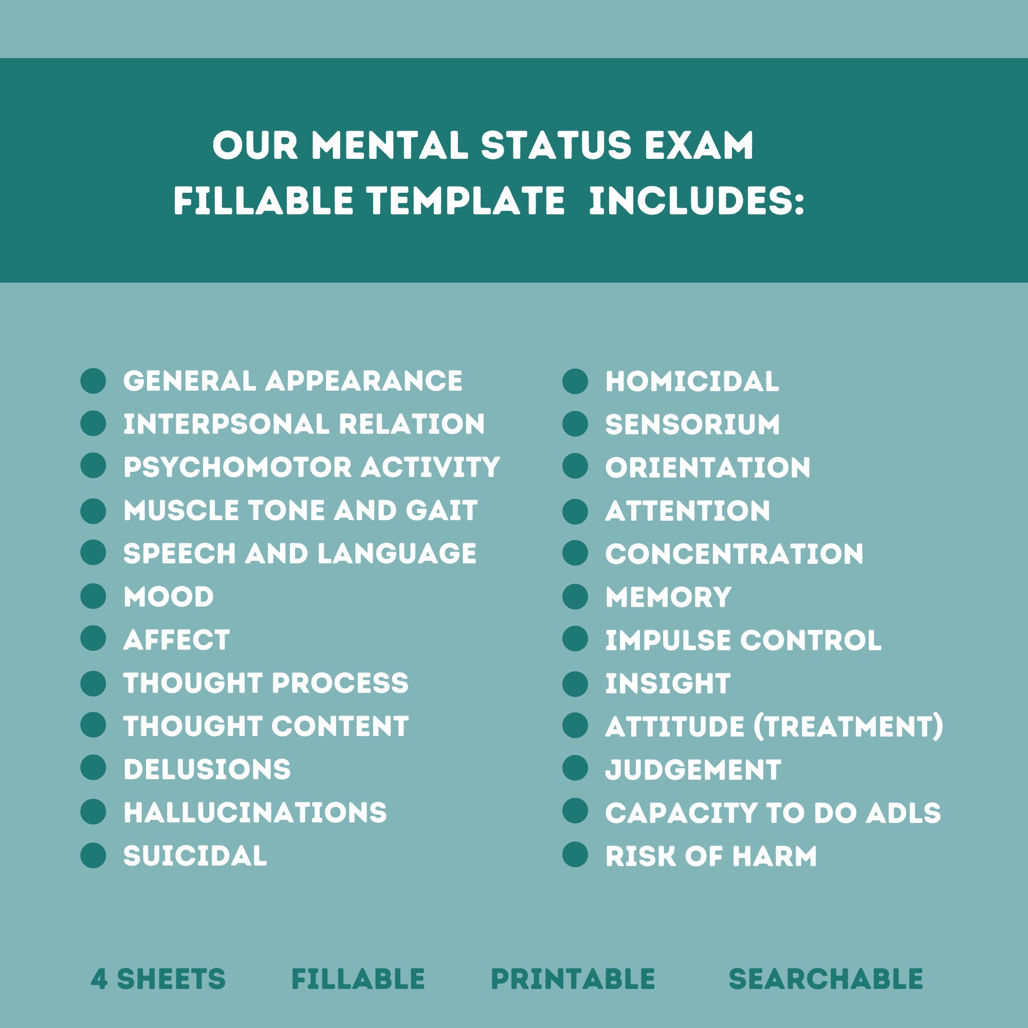 Mental Status Exam Template for Mental Health / Counseling Editable / Fillable PDF Counselors