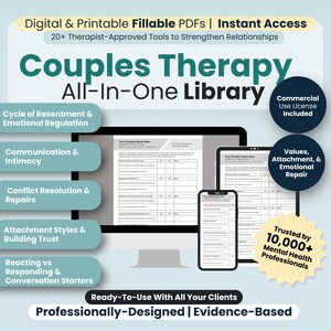 May include: A digital product for couples therapy. The image shows a computer screen, tablet, and phone with printable worksheets. The text on the image reads "Couples Therapy All-In-One Library" and lists topics such as "Cycle of Resentment & Emotional Regulation", "Communication & Intimacy", "Conflict Resolution & Repairs", "Attachment Styles & Building Trust", and "Reacting vs Responding & Conversation Starters". The text also states "Commercial Use License Included" and "Trusted by 10,000+ Mental Health Professionals".