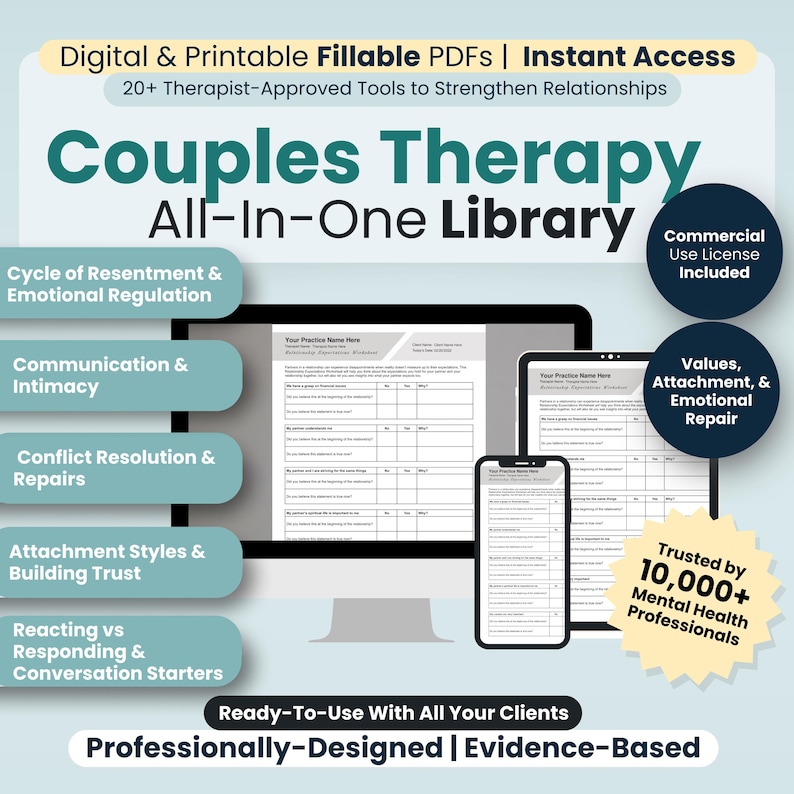Couples Therapy Worksheets Bundle, 32 Fillable, Printable PDF Notes ...
