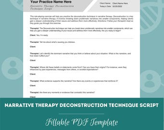 Könnte beinhalten: Eine druckbare PDF-Vorlage für ein Skript zur Dekonstruktion in der narrativen Therapie. Das Dokument enthält einen Titel, den Namen des Klienten, das Datum und eine Reihe von Fragen, die der Therapeut und der Klient besprechen können.