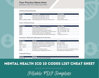 Mental Health ICD-10-cm Codes Cheat Sheet | DSM-5 Diagnosis Codes Reference Guide for Therapists | Clinical Tool (PDF + Word Doc)