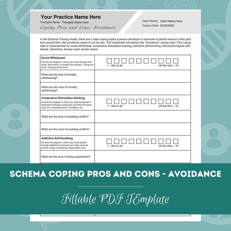 Schema Coping Pros and Cons - Avoidance | Editable / Fillable PDF ...