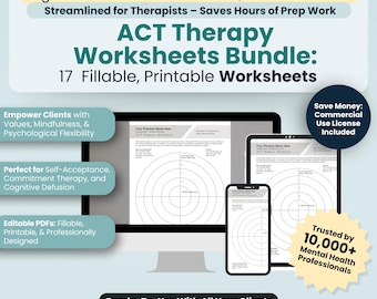 ACT Therapy Worksheets Bundle, 17 Fillable/Printable PDF Templates, Acceptance Commitment Therapy, Self Acceptance Worksheet, Act Workbook