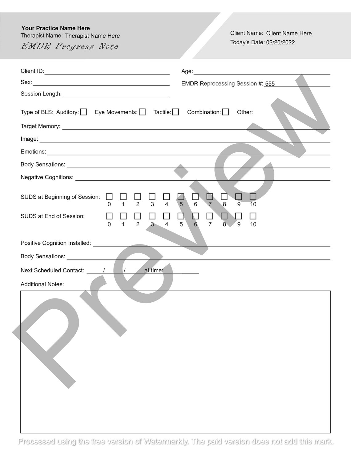 EMDR Progress Note Editable / Fillable PDF Template for Counselors EMDR Progress Note Editable / Fillable PDF Template for Counselors