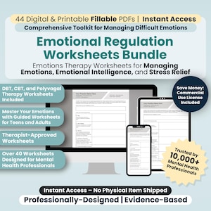 Emotional Regulation Worksheets Bundle (44 Fillable/Printable PDFs), Emotions worksheets, Emotions Therapy worksheets, Manage Emotions